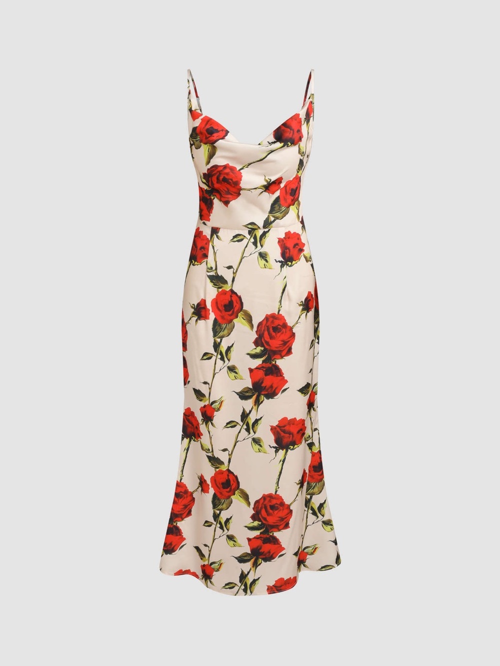 CIDER Forgotten Rose Satin Maxi Dress Beige Red Floral Cowl Neck L NWT